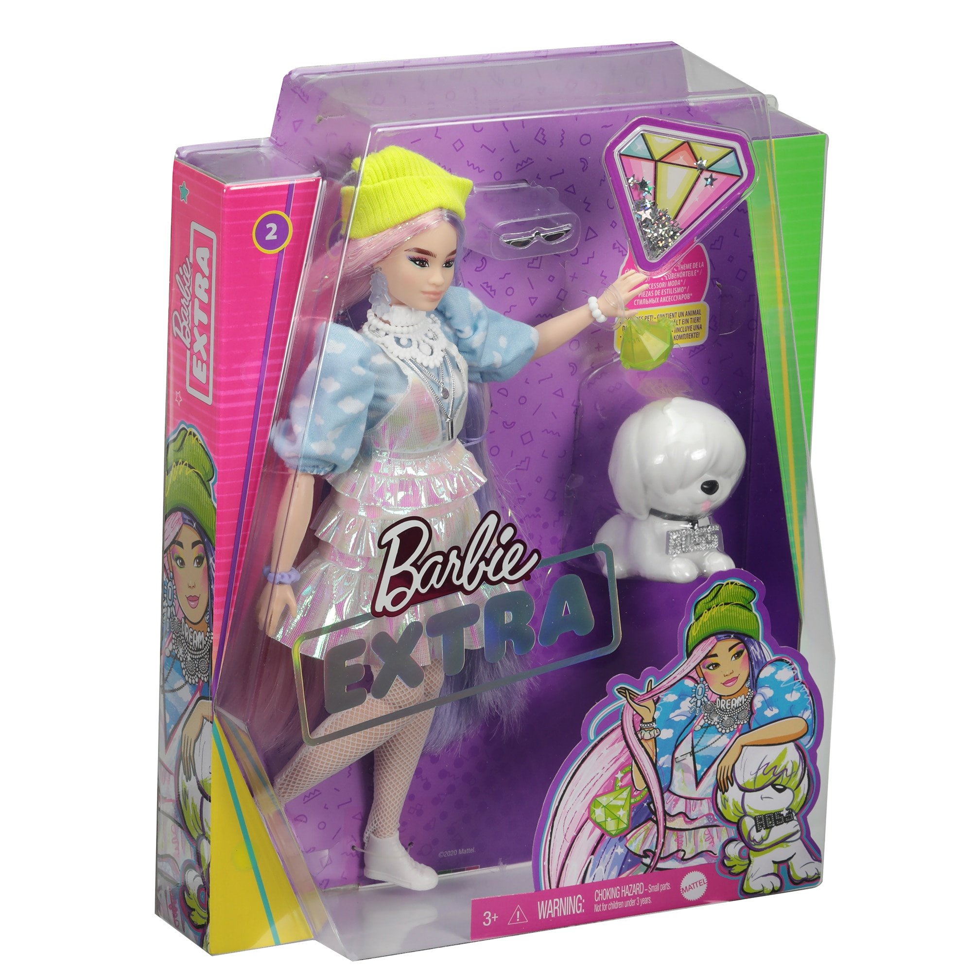 Papusa Barbie Extra, par roz cu mov, haina pufoasa, accesorii premium si  catel alb, 30cm, 3