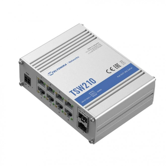 Sistem de transfer al semnalului AV Teltonika Comutator negestionat Teltonika TSW210, 8x Gigabit Ethernet, 2x SFP, carcasă din aluminiu