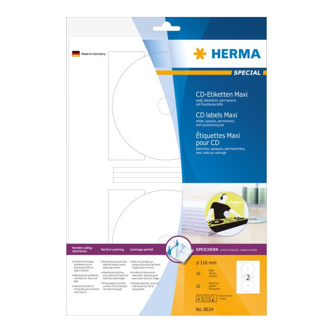 Herma Maxi 8624 etichete autoadezive pentru CD, albe, rotunde, Ø 116 mm, hârtie mată, 20 buc (8624)